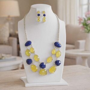 Chic Blue and Yellow Gemstone Necklace and Earring Set